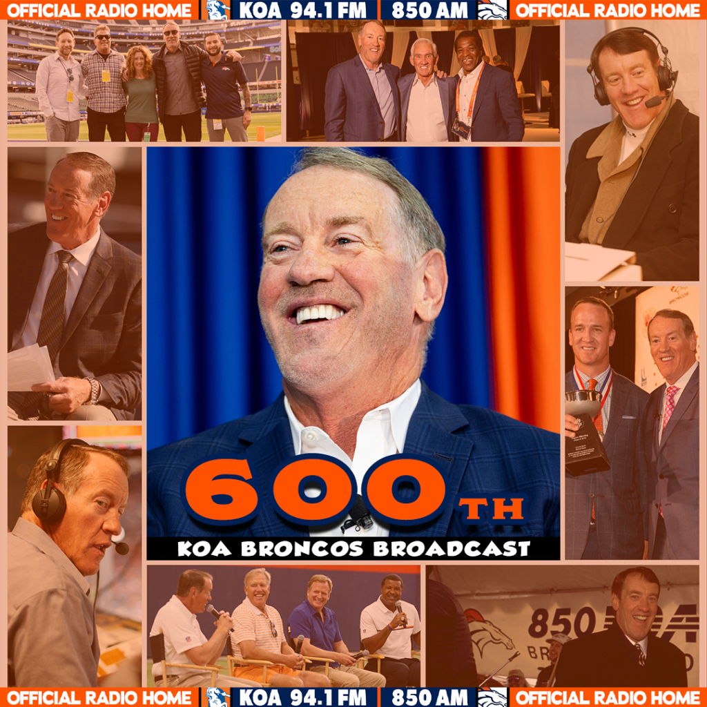 Sports broadcast graphic celebrating 600th KOA Broncos broadcast featuring a collage of host images and milestone branding.”
