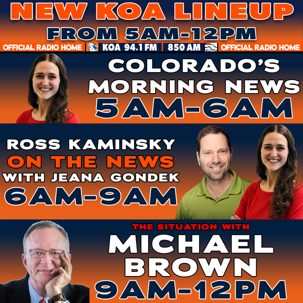 Radio lineup graphic design showcasing KOA’s morning schedule with hosts, show names, and time slots in a bold, branded layout.