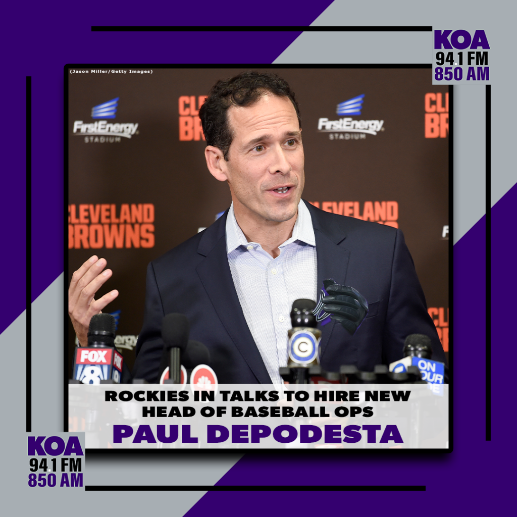 Sports news graphic featuring Paul DePodesta with headline about the Rockies being in talks to hire a new head of baseball operations.