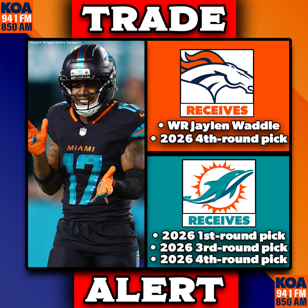 NFL trade graphic showing Jaylen Waddle with details of a trade between the Miami Dolphins and Denver Broncos, including draft pick compensation.